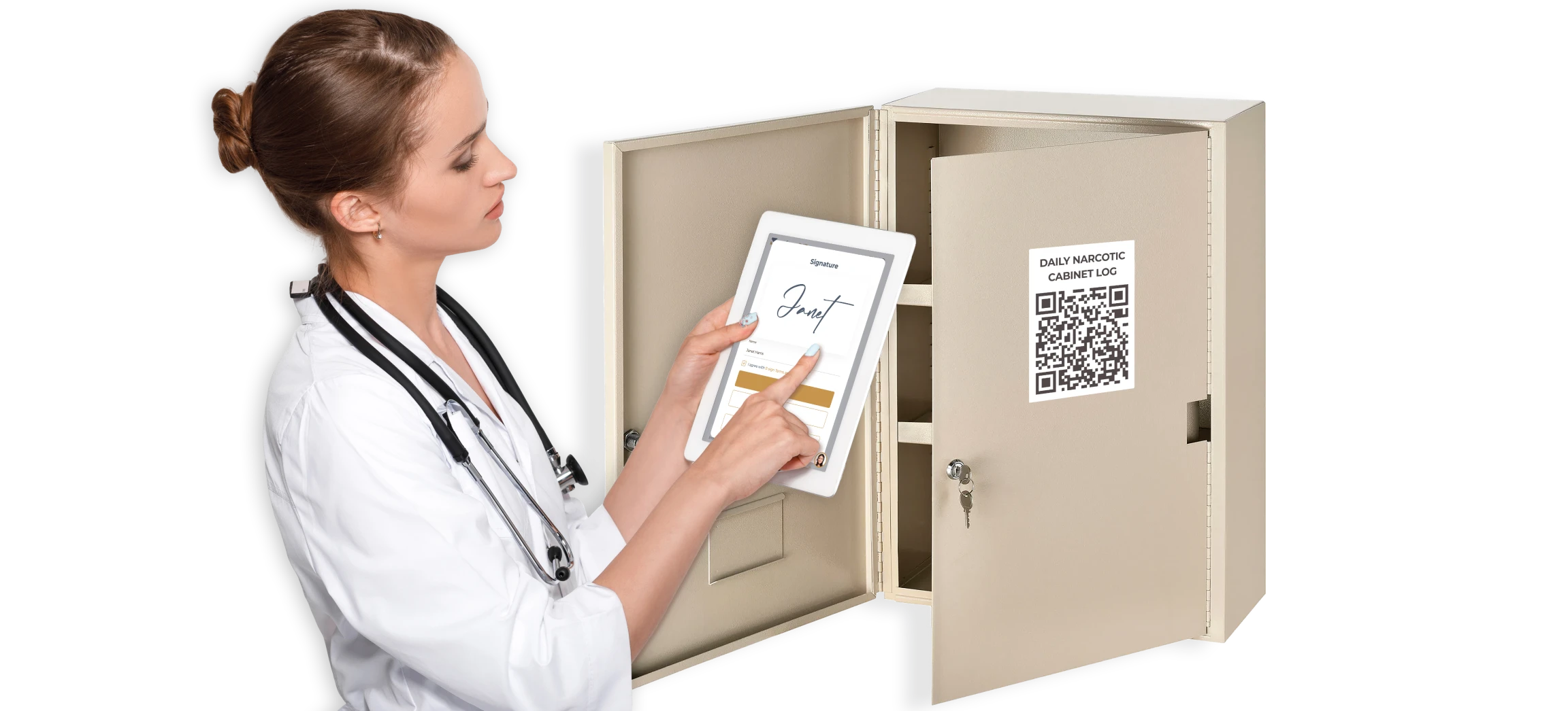 PACU Nurse using QR code to securely document narcotic box access helping prevent drug diversion.