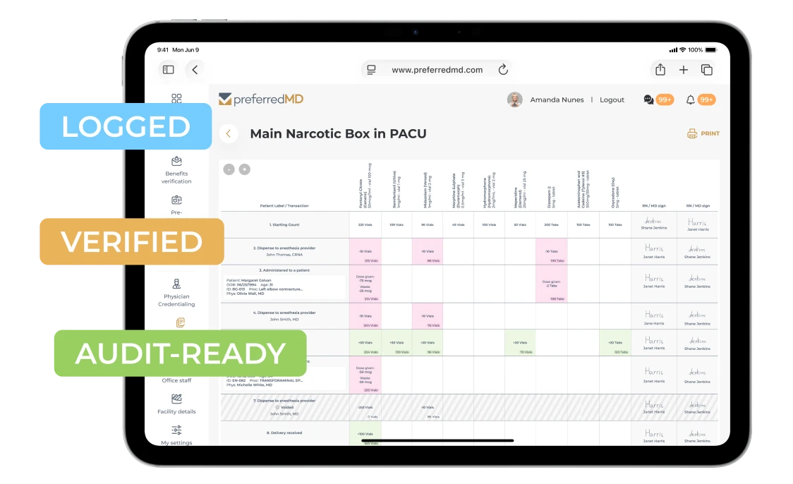 Electronic narcotic log software on a tablet for real-time inventory tracking and documentation.